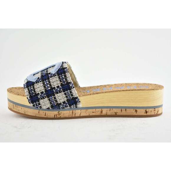 Chanel 20P Blue Tweed Denim CC Logo Cork Mule Slide Slip Platform Sandal Flat 41 - Picture 7 of 9
